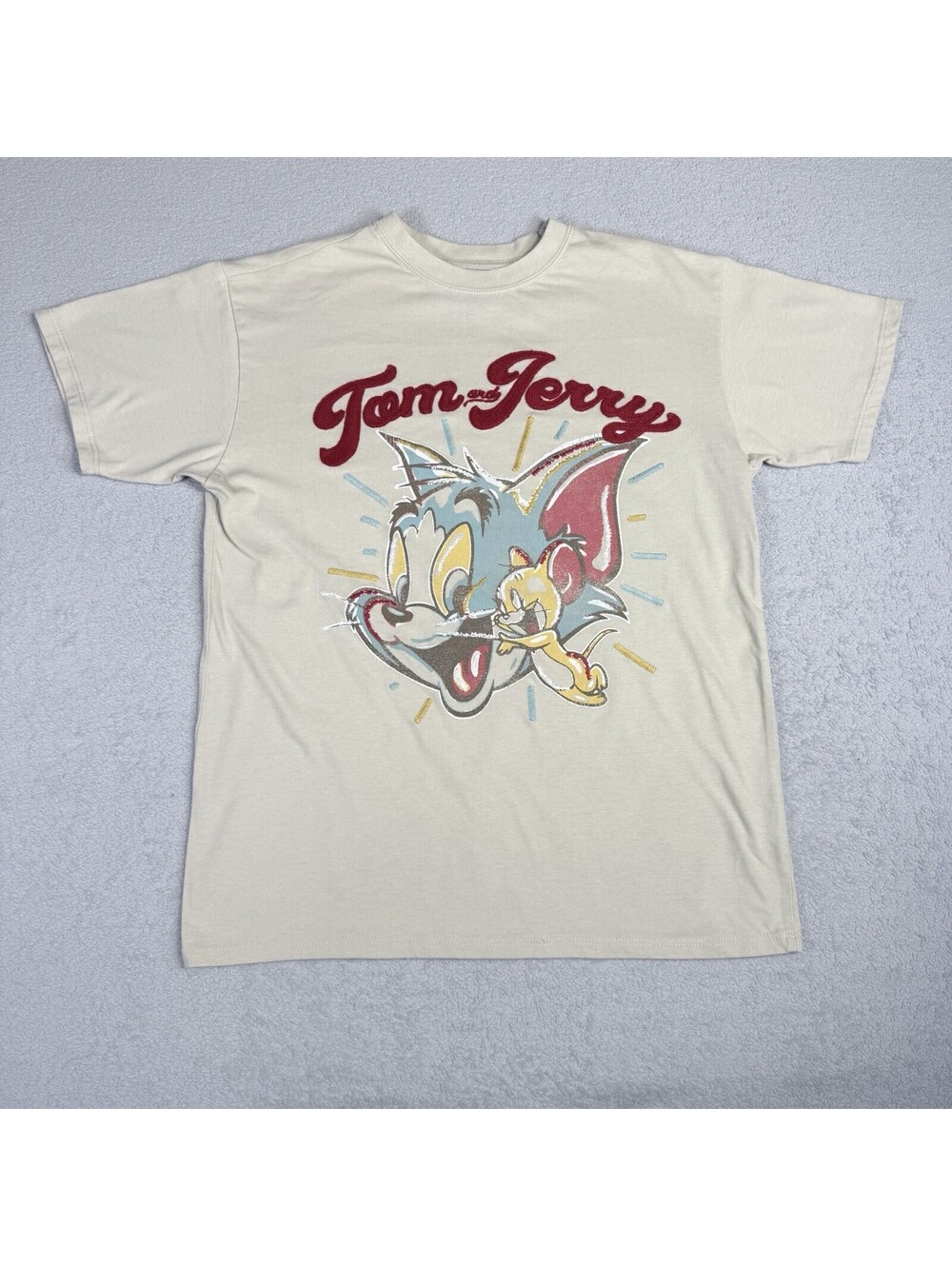 Freeze Men Size S/M Beige Tom and Jerry Graphic Cotton Blend T-Shirt Embroidered
